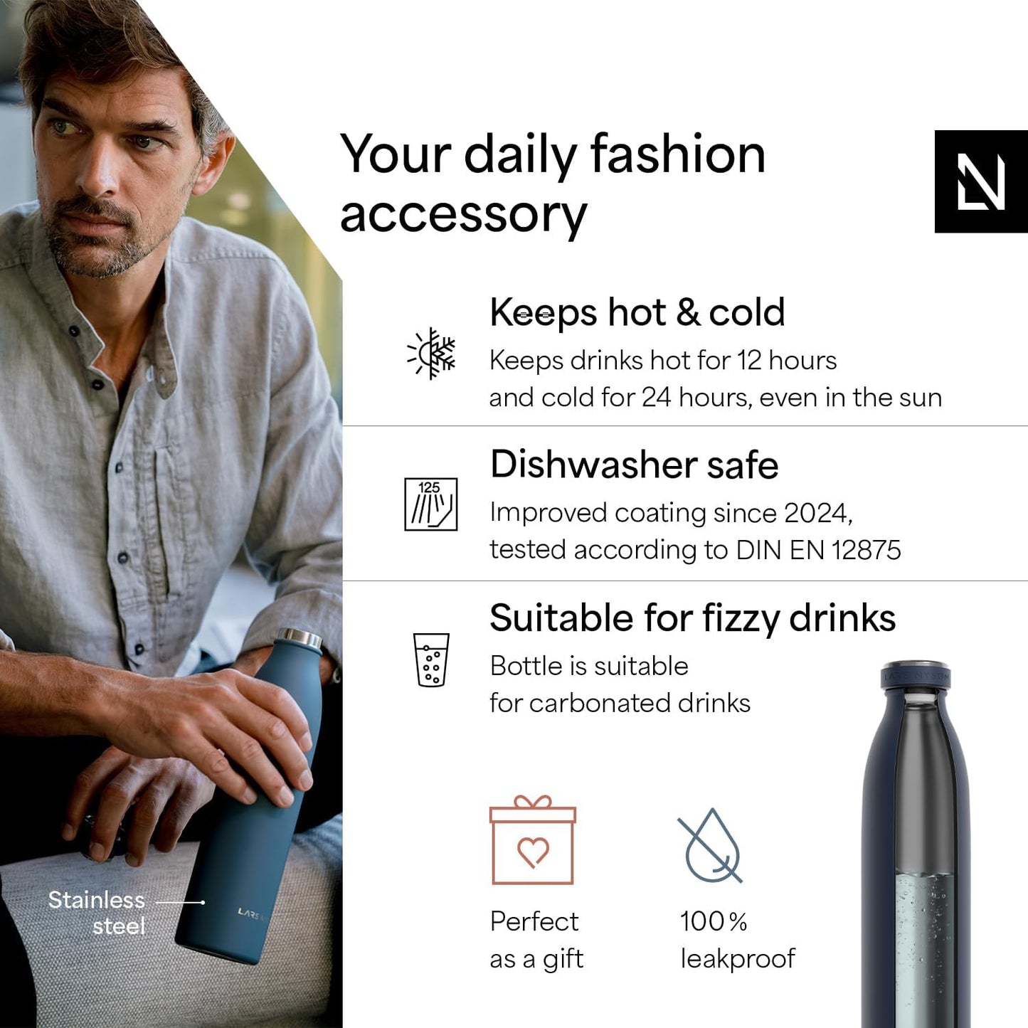 LARS NYSØM Stainless Steel Insulated Water Bottle 12oz 17oz 25oz 34oz 51oz | Insulated Thermo Flask for Hot and Cold Beverages | Leakproof Drinking Bottle (Midnight Blue, 17oz)