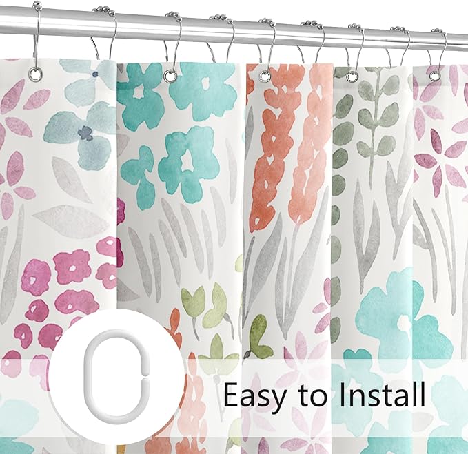 Extra Long Shower Curtain 72 x 96 Inch, Floor to Ceiling X-Long Tall Turquoise Cute Floral Shower Curtain for Bathroom, Teal Blue Wildflower Cottagecore Fabric Shower Curtain Set with Hooks