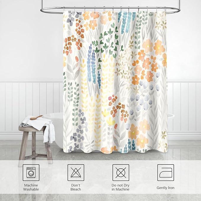 Extra Long Shower Curtain 72 x 84 Inch, Tall Cute Floral Shower Curtain for Bathroom, Orange Wildflower Boho Cottagecore Fabric Shower Curtain Set with Hooks