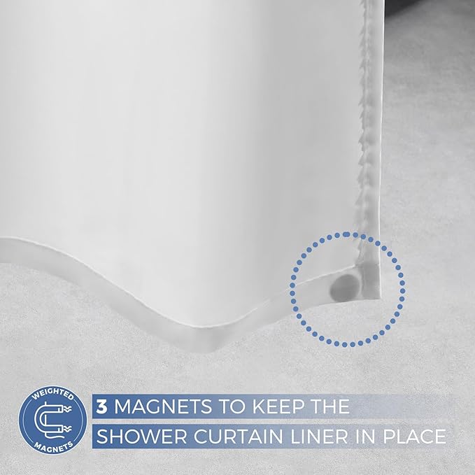 downluxe Waterproof Fabric Shower Curtain Liner, Soft Cloth Shower Liner with 3 Magnets, Machine Washable & Hotel Quality Bathroom Curtain, 72" W x 66" L, White
