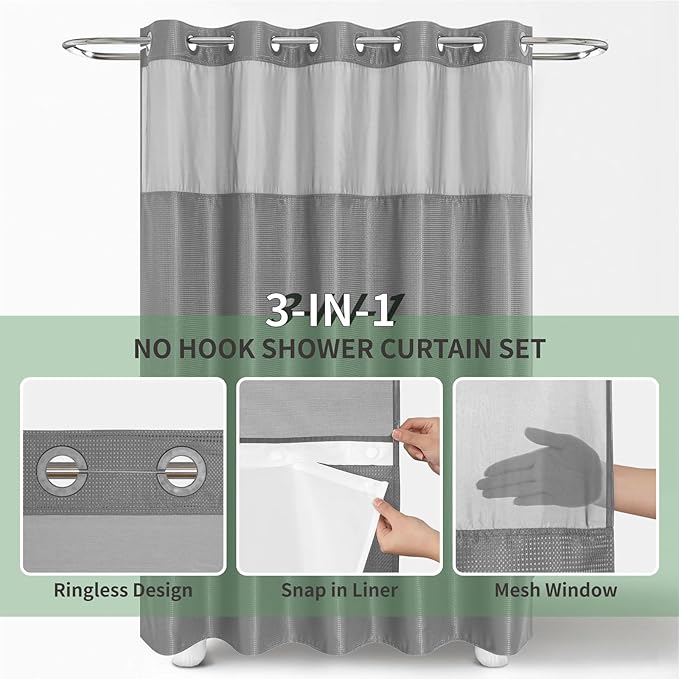 Extra Long No Hook Shower Curtain with Snap-in Fabric Liner Set,Grey Waffle Weave Shower Curtains for Bathroom,Hotel Luxury Decor Bathroom Curtain Set,Waterproof & Washable,71Wx86H