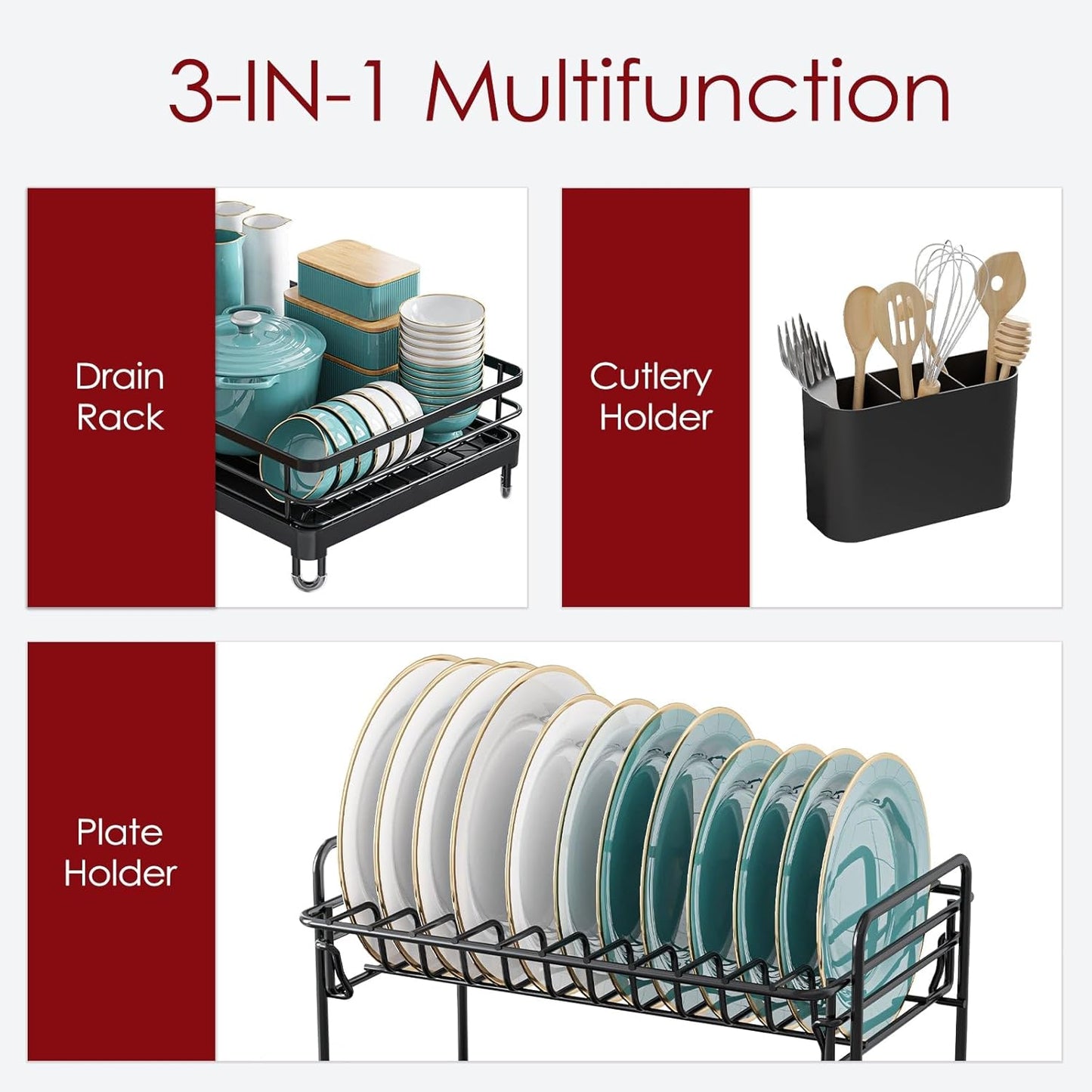 Dish Drying Rack - X-Large Stainless Steel Dish Rack for Kitchen Counter, 2-Tier Kitchen Organizers and Storage for Dishes, Bowls, Cutlery, Black