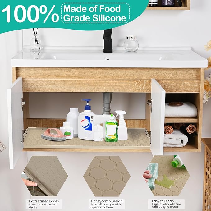 Waterproof Under Sink Mat 31" x 22", Silicone Cabinet Liner, Rubber Protector for Kitchen and Bathroom, Keeps Cabinets Clean, Dry, and Organized (Beige)