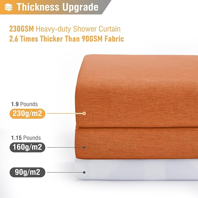 BTTN 78 Inch Long Shower Curtain - Linen Textured Weighted Fabric Shower Curtain Set with 12 Hooks, Tall Hotel Neutral Heavy Duty Waterproof Polyester Shower Curtains for Bathroom - 72x78 - Orange
