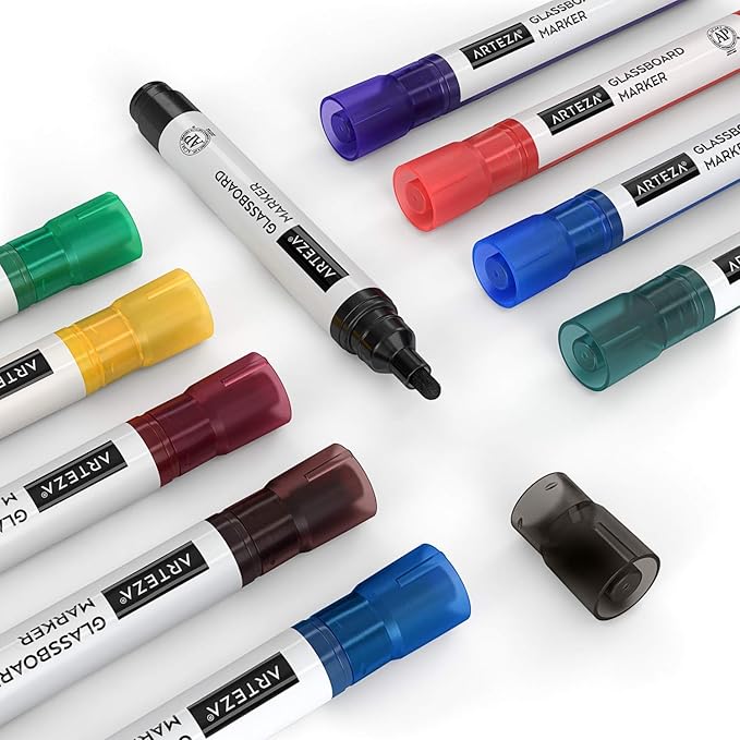 ARTEZA Glass Board Dry Erase Markers, Pack of 10 Colors Glass Markers, Low-Odor Ink, Erasable Mirror Window Markers, Office Supplies for Whiteboards,