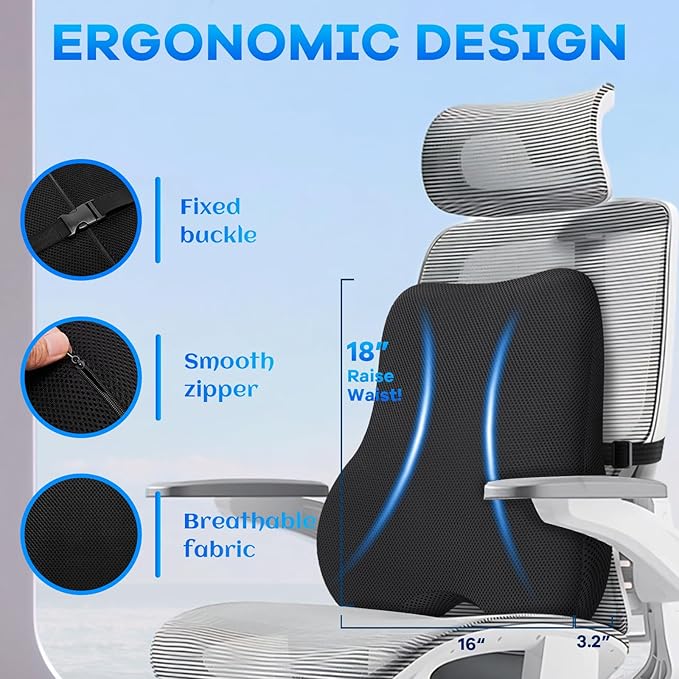 Gel Seat Cushion & Lumbar Support Pillow Set, Cooling Memory Foam for Tailbone & Sciatica Pain Relief, Ergonomic Office Chair Cushion with Breathable Mesh Cover for Car, Home, Wheelchair (Black)