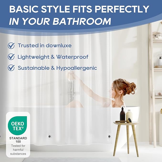 downluxe Clear Shower Curtain Liner with Magnets, PEVA Plastic Shower Liner, 72" W x 78" L Waterproof Lightweight Bathroom Curtain