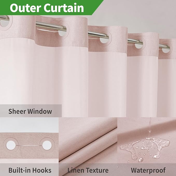 Stall No Hooks Needed Linen Textured Shower Curtain with Snap-in Fabric Liner Set,Hotel Luxury Decor Farmhouse Shower Curtains for Bathroom,Waterproof & Washable,54Wx80H,Blush