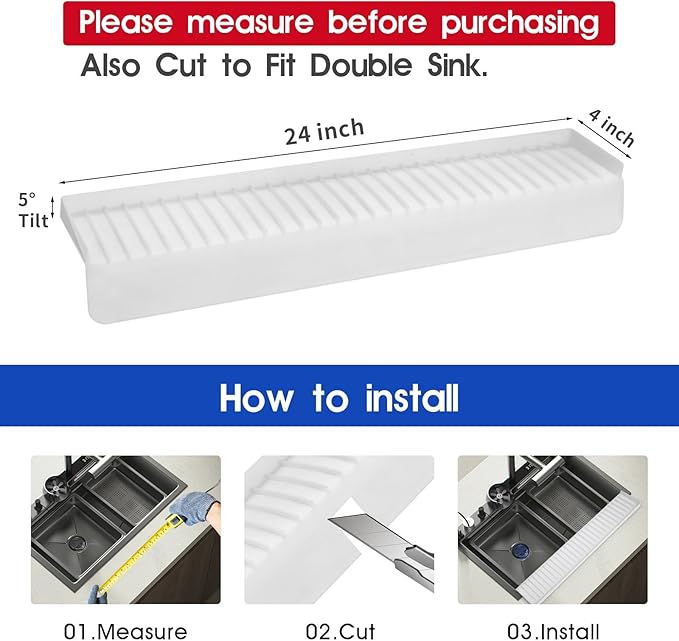 24"x4" Silicone Sink Edge Protector - Splash Guard with Suction Cups & 5° Tilt, Cuttable Edge Guard for Kitchen Sink, Bathroom,Granite & Quartz Countertops(White)