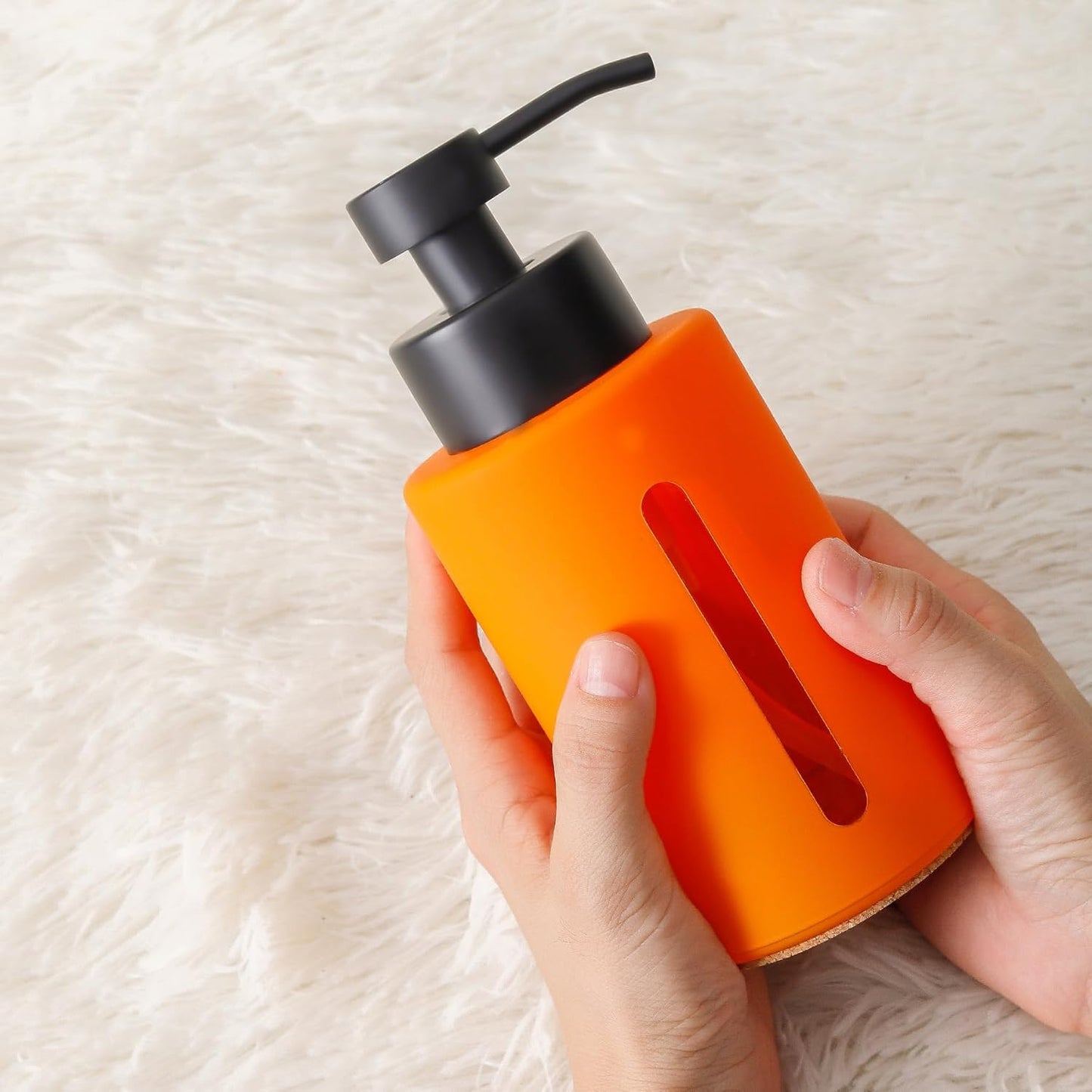 Enra Fall Glass Soap Dispenser with Window,12oz Orange Bathroom Soap Dispenser with Stainless Steel Lotion Pump,Hand Liquid Soap Dispenser Countertop for Bathroom Kitchen(Orange/Liquid Type)