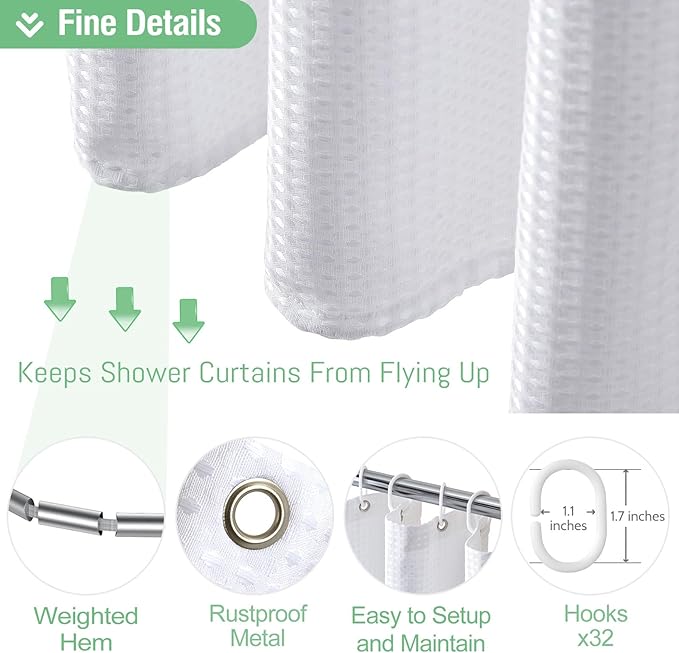 Dynamene Extra Wide Shower Curtain - 180 Inch Wide Waffle Weave Weighted Thick Cloth Bathroom Shower Curtain, Neutral Heavy Duty Hotel Shower Curtain Set with 32 Plastic Hooks,180x72, White