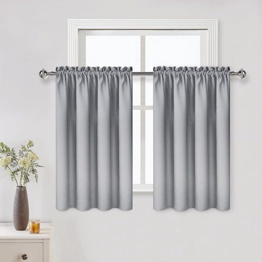 DWCN Blackout Curtains for Living Room Thermal Insulated, Energy Saving & Noise Reducing Bedroom Curtains, Silver Grey, W 52x L 36 Inch, Set of 2 Rod Pocket Curtain Panels