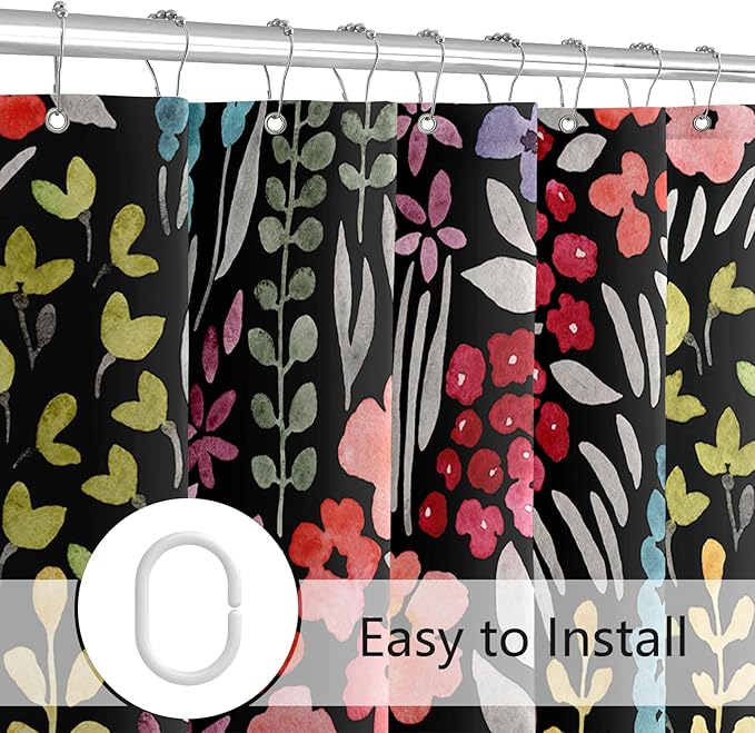 Small Stall Shower Curtain 36 x 72 Inch, Half Narrow Cute Floral Shower Curtain for Bathroom, Colorful Wildflower Boho Cottagecore Fabric Shower Curtain Set with Hooks, Black