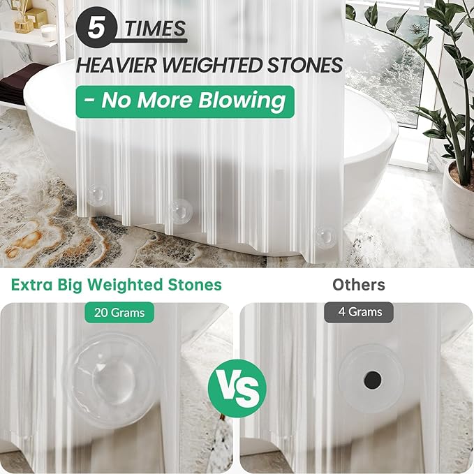 AmazerBath Plastic Shower Curtain, 70 x 72 Inches PEVA Heavy Duty Clear Shower Curtain, Waterproof Heavy Weight Thick Bathroom Curtain with 3 Big Clear Weighted Stones and 12 Rustproof Grommets