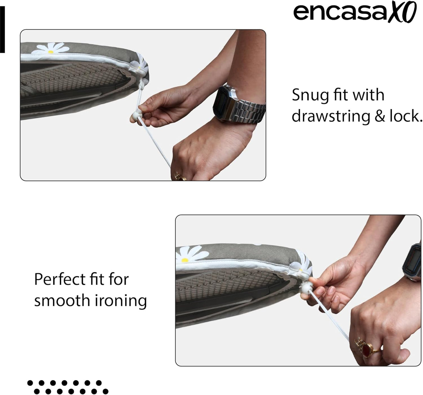 Encasa XO Ironing Board Cover and Pad 42"x14" - Thick 3mm Felt Padding, Drawstring Tightening & Lock, Easy Fit, Scorch & Stain Resistant, Fits Medium Ironing Board - White Tiles
