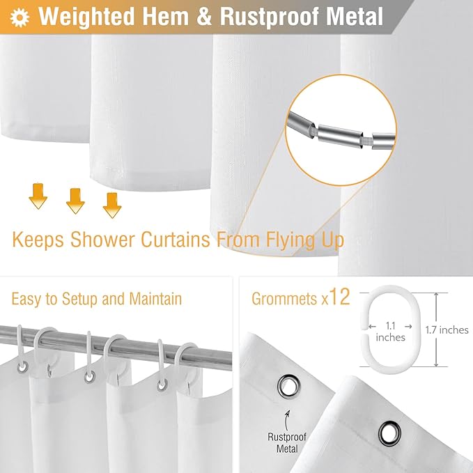 BTTN Extra Long Fabric Shower Curtain - 84 Inches Long Linen Textured Heavy Duty Cloth Shower Curtain Set with 12 Plastic Hooks, Large Hotel Luxury Polyester Bath Curtains for Bathroom(72"x84", White)