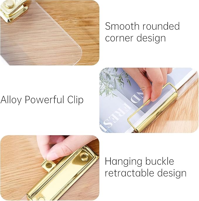 Honagu Acrylic Clear Clipboards, 8.5x11 Plastic Clipboard with Gold Strong Clip Hidden Hanging Hole, A4 Letter Size Clipboards for Nurses, Doctors, Art Student, Teachers,School & Office Supplies, 5PC