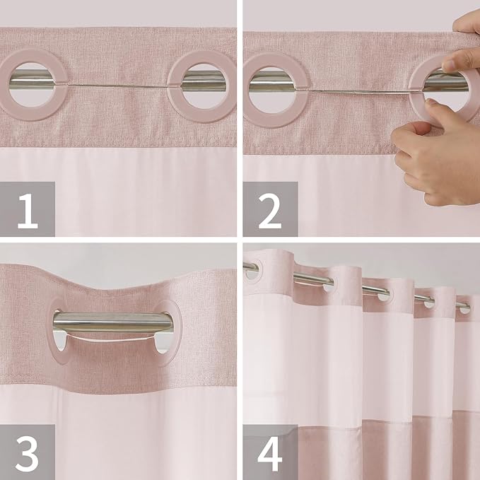 Long No Hooks Needed Linen Textured Shower Curtain with Snap-in Fabric Liner Set,Blush Hotel Luxury Decor Shower Curtains for Bathroom,Waterproof & Washable,71Wx80H