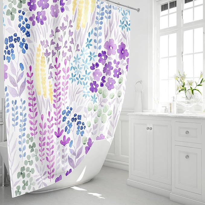 Purple Floral Shower Curtain, Lavender Colorful Boho Flower Fabric Shower Curtain, Cute Funky Watercolor Wildflower Shower Curtain Set, Cottagecore Bohemian Bathroom Decor, 72x72