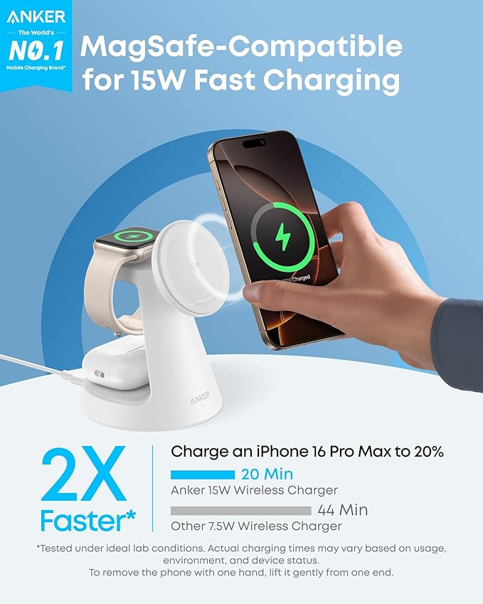 Anker MagSafe Charger Compatible, MagGo 3-in-1 Charging Station, Nano Charging Stand, Qi2 Certified 15W Magnetic Wireless Charger Dock, for iPhone17/16/15/14, Apple Watch,AirPods (Adapter Included)