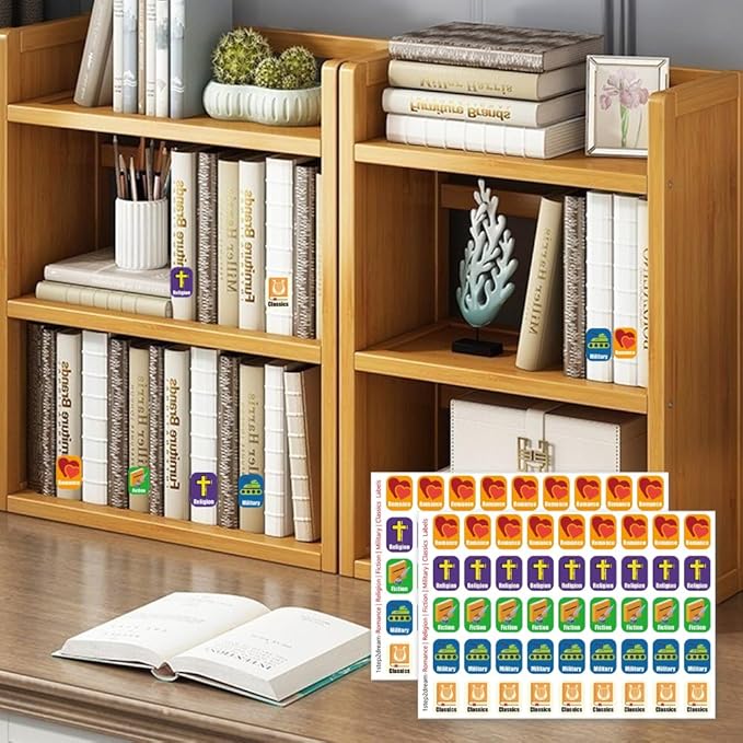 Genre Book Spine Labels for Classroom Library | 450PCS Stickers for Classroom Book Organization (Romance Religion Fiction Military Classics)