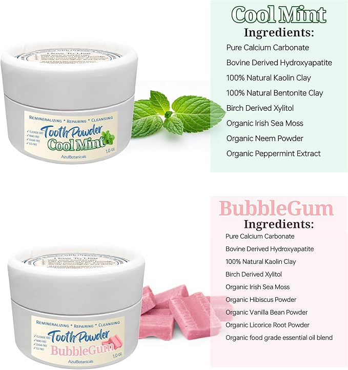 Remineralizing & Cleansing Tooth Powder, Cool Mint. Fluoride Free, SLS Free, Nano Free for Organic Oral Wellness (1 Ounce (Pack of 2), Mint & Bubblegum)