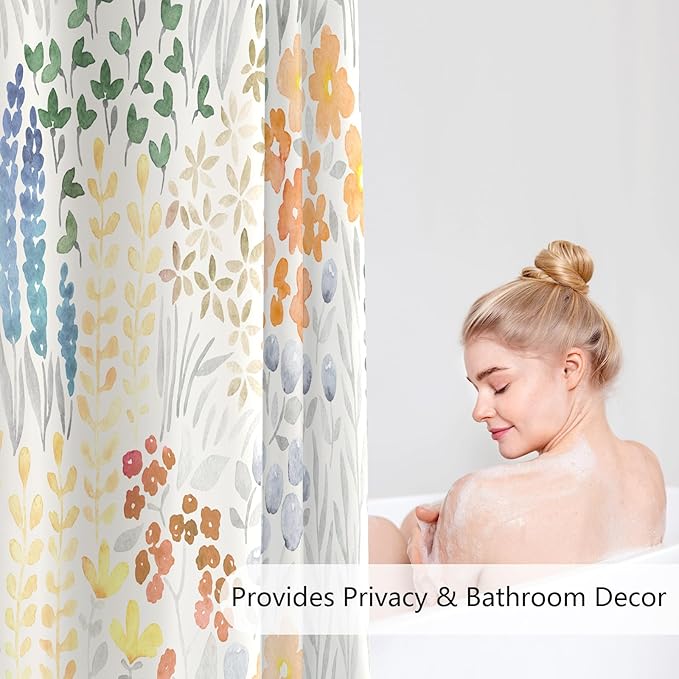 Extra Long Shower Curtain 72 x 96 Inch, Floor to Ceiling X-Long Tall Cute Floral Shower Curtain for Bathroom, Orange Wildflower Boho Cottagecore Fabric Shower Curtain Set with Hooks