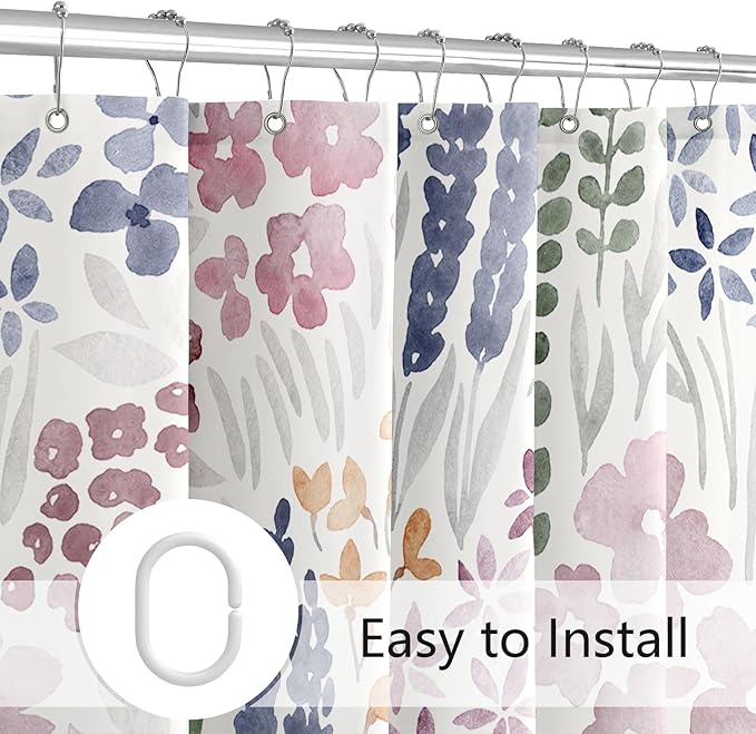 Extra Long Shower Curtain 72 x 84 Inch, Tall Cute Floral Shower Curtain for Bathroom, Mauve Wildflower Boho Cottagecore Fabric Shower Curtain Set with Hooks