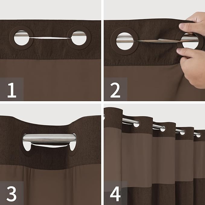 Extra Long No Hooks Needed Linen Textured Shower Curtain with Snap-in Fabric Liner Set,White Hotel Luxury Decor Shower Curtains for Bathroom,Waterproof & Washable,71Wx86H,Brown