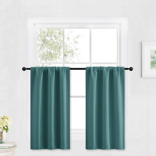 RYB HOME Bathroom Window Curtains - Super Soft Blackout Privacy Curtains for Baby Nursery Bedroom Basement Garege Workshop Kitchen Dining Living Room, W 29 x L 30, Teal, 2 Pcs