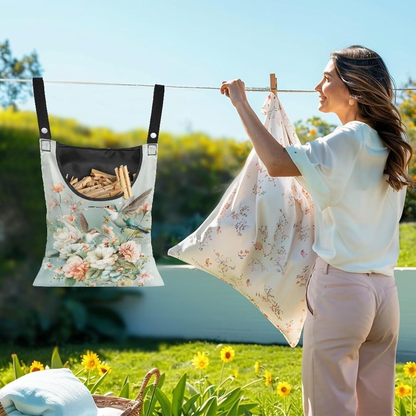 Hummingbird Floral Clothes Pin Bag to Hang On Line Reusable Clothespin Holder Laundry Room Clothespin Holder with Large Opening Space-Saving Clothespin Storage Solution
