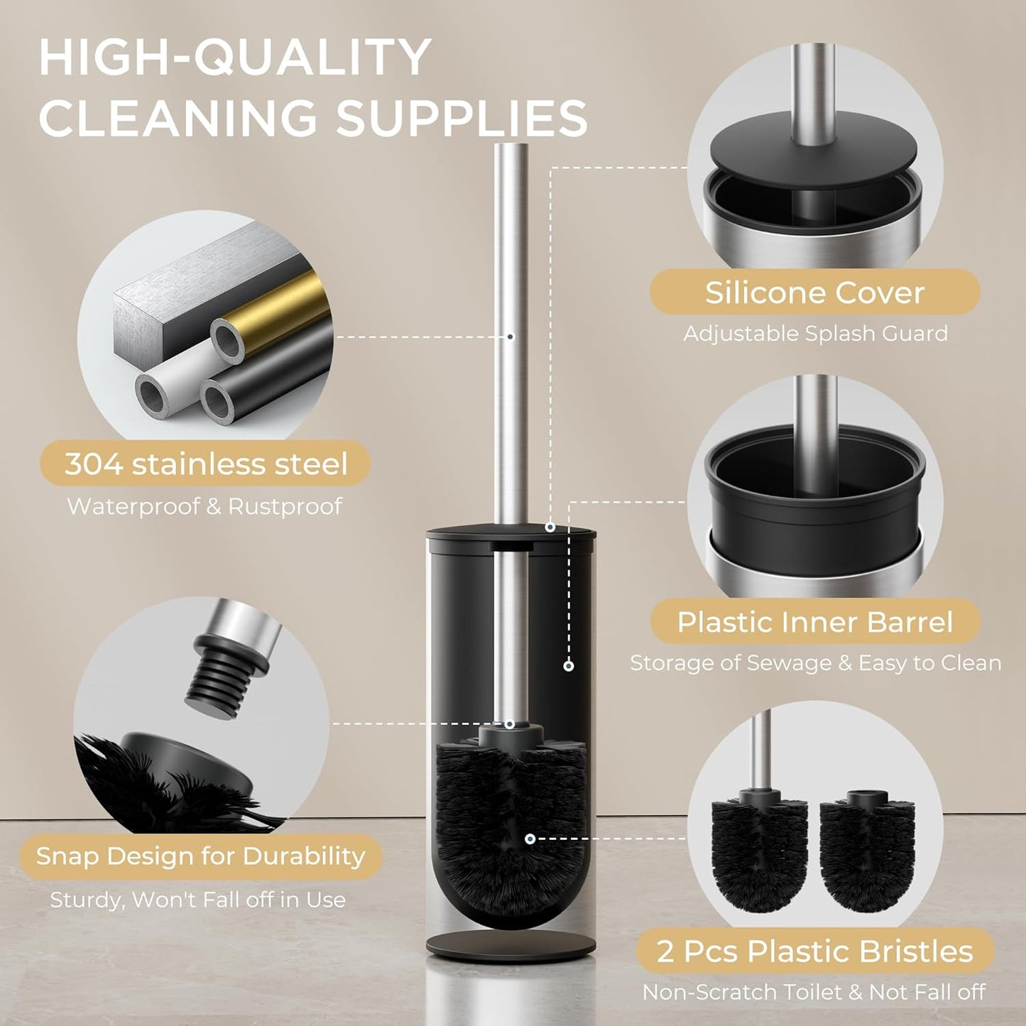 FORIOUS Toilet Brush and Holder Set Brushed Nickel, 304 Stainless Steel Long Handle and Heavy Duty Base for Bathroom Deep Cleaning, Drip-Proof, Space Saving for Storage, 2 Toilet Bowl Brush Head