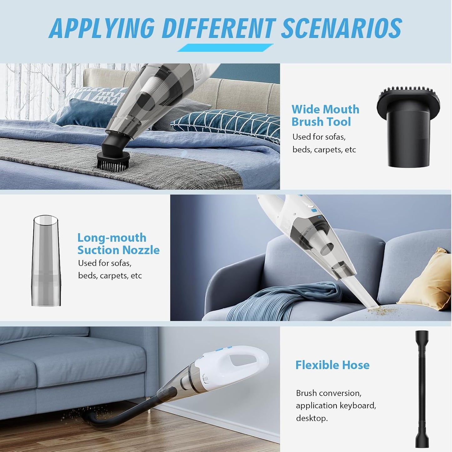 Handheld Vacuum Cordless,Car Hand Cordless Rechargeable,Powerful Suction Hand Held Vacuum with LED Light/Multi Accessories,1.6lbs Car Mini Portable Vacuum Cleaner for Home Office Pet