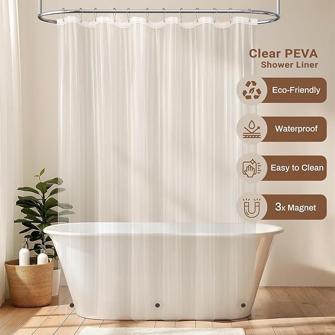 BTTN Grey 3 in 1 Shower Curtain Set, Linen Textured Fabric Shower Curtain and Clear Liner Set with Plastic Hook, Modern Hotel Luxury Weighted Waterproof Shower Curtain for Bathroom, Gray, 72x72