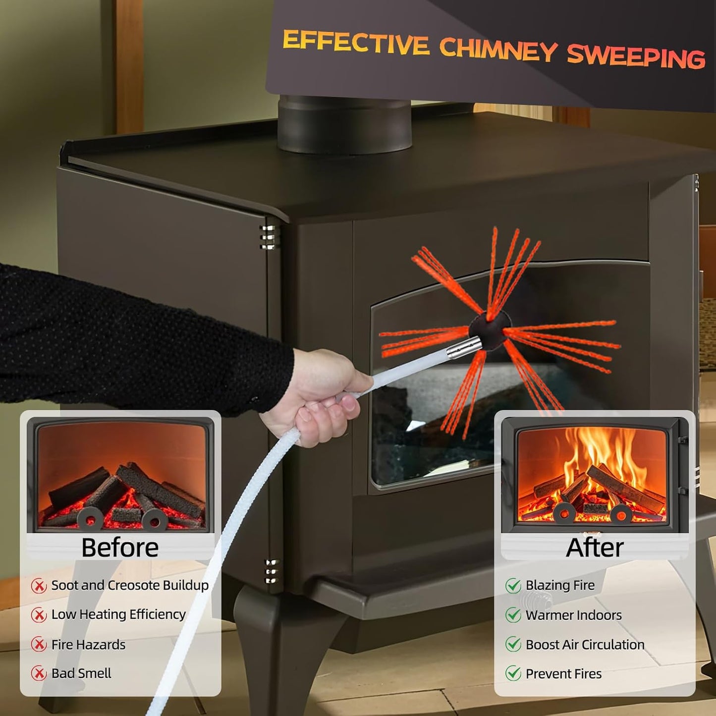 23 Feet Chimney Sweep Kit, Chimney Cleaning Kit with 7 Flexible White Chimney Rods, Chimney Brush, Rotary Chimney Cleaning System Driven by Drill
