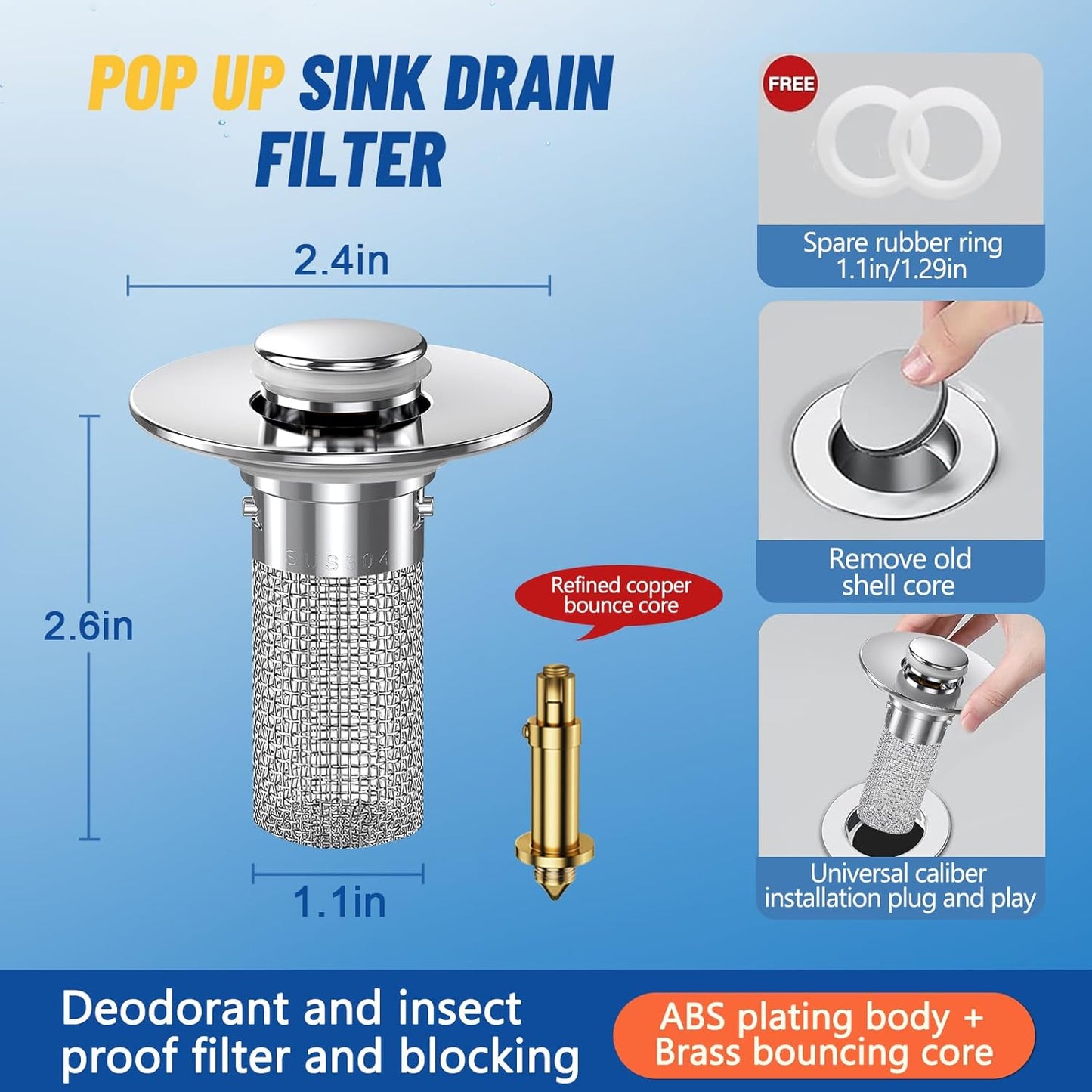 2PC Bathroom Sink Stopper Hair Catcher, Pop Up Sink Drain Filter with Removable Stainless Steel Filter Basket Hair Catcher, for US Bathroom Sink Stopper Replacement.