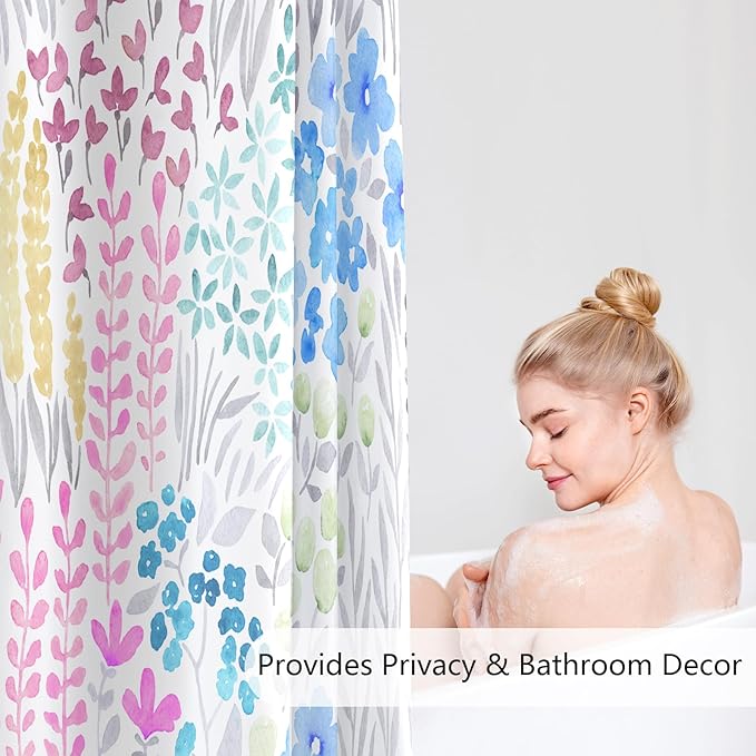 Blue Floral Shower Curtain 60x72, Pink Yellow Boho Flower Fabric Shower Curtain, Cute Funky Watercolor Wildflower Shower Curtain Set, Cottagecore Bohemian Bathroom Decor