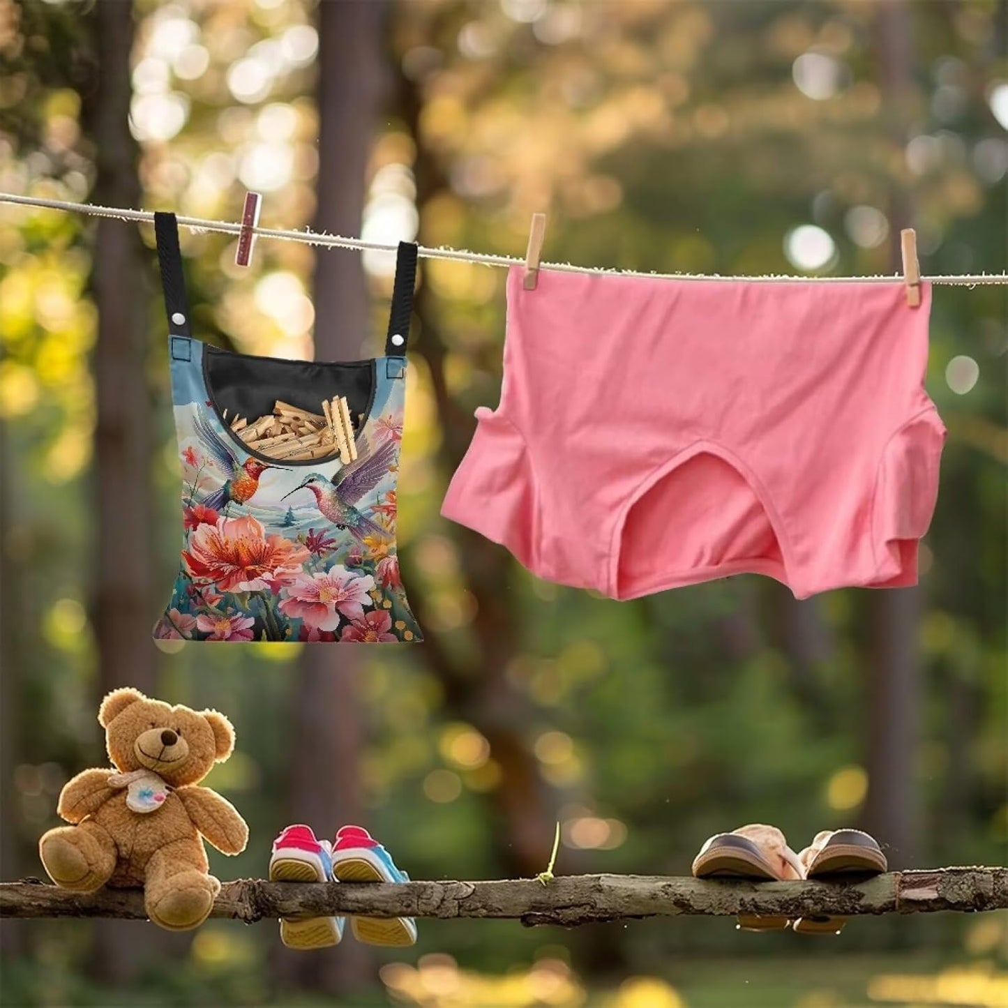 Hummingbird Hibiscu Large Capacity 14.5 x 12 Inch Clothespin Bag with Hanging Hook Waterproof Clothes Pin Hanging Bags Clothespin Storage Organizer with Large Opening