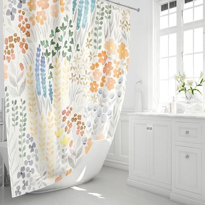 Cute Floral Shower Curtain, Orange Yellow Boho Flower Fabric Shower Curtain, Funky Watercolor Wildflower Shower Curtain Set, Cottagecore Bohemian Bathroom Decor, 72x72