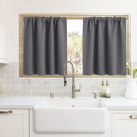 RYB HOME Blackout Curtains for Kitchen, Over Sink Privacy Curtains Window Decor, Thermal Insulating Drapes for Bathroom Cafe Bedroom Small Window, W 42 x L 24 inch, Grey, 2 Panels