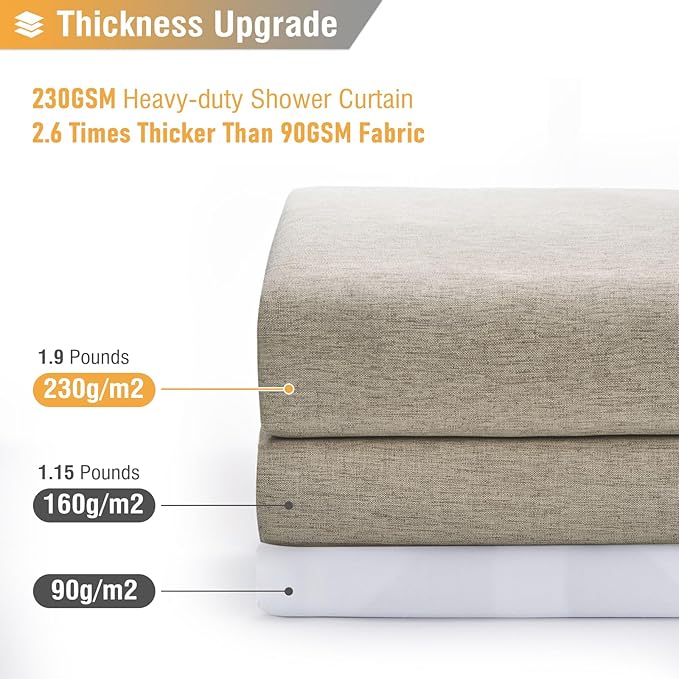 BTTN Extra Wide Shower Curtain - 108 x 72 Inch Linen Textured Waterproof Fabric Shower Curtain Set with 18 Plastic Hooks, Large Modern Farmhouse Cloth Bathtub Shower Curtains for Bathroom - Khaki/Tan