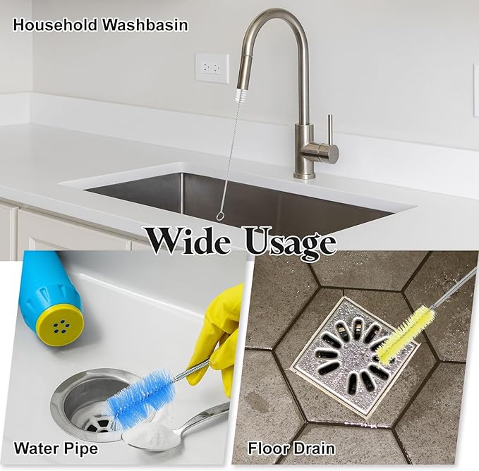 HARFINGTON 3pcs Flexible Long Drain Brush Straw Cleaner Set 78.74" Stainless Steel Double Ended Hose Brush with 8" Nylon Long Tube Pipe Cleaning for Fish Tank Sink Pipe, Blue