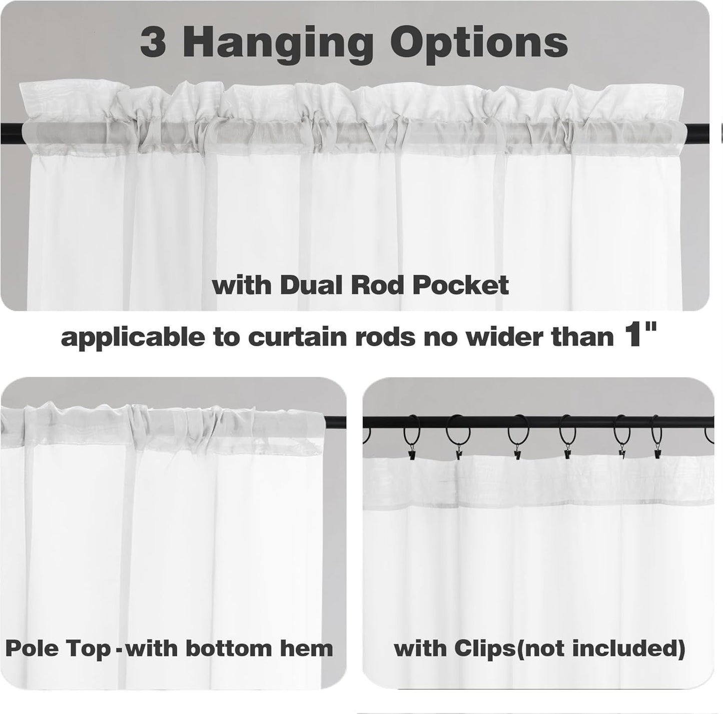 Chyhomenyc White Sheer Curtains 36 inch Length 2 Panels Set, Light Filtering Voile Rod Pocket Short Window Curtians for Bathroom Living Room Farmhouse Small Windows, Each 42Wx36L in, 2PCS, White