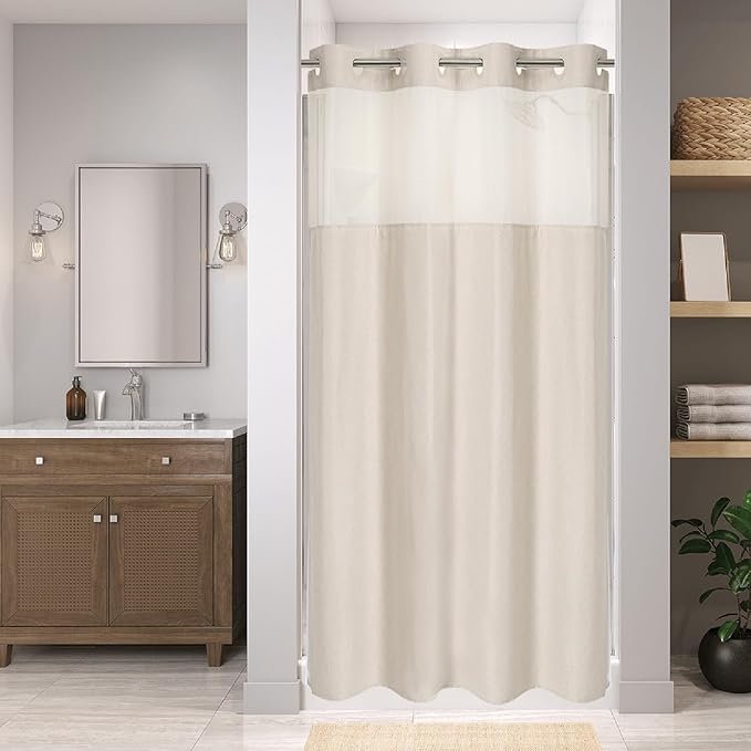Stall No Hooks Needed Linen Textured Shower Curtain with Snap-in Fabric Liner Set,Hotel Luxury Decor Shower Curtains for Bathroom,Waterproof & Washable,60Wx74H,Cream