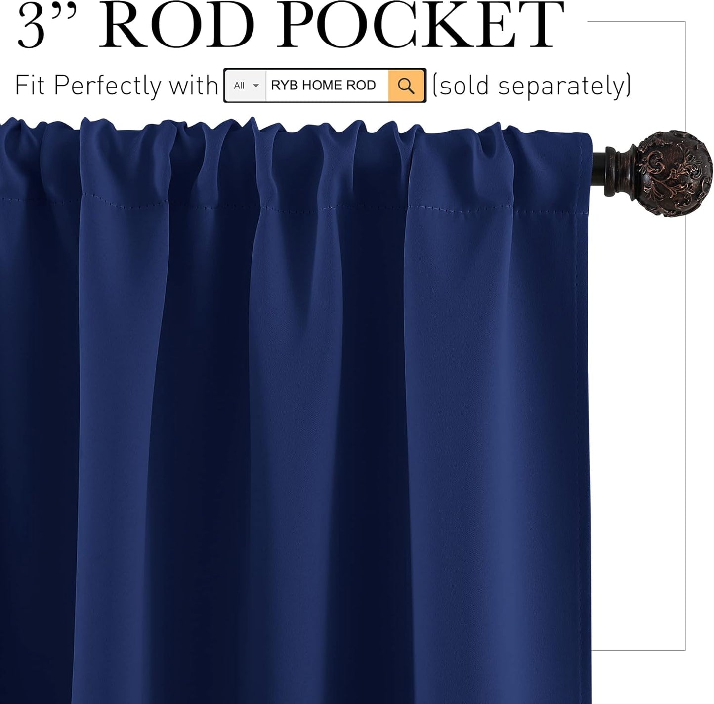 RYB HOME Blackout Curtains Small Window Decor Energy Efficiency Drapes for Kitchen Bedroom Basement Bath Tub Cafe, 29 inch Width x 36 inch Length, Marine Blue, 2 Panels