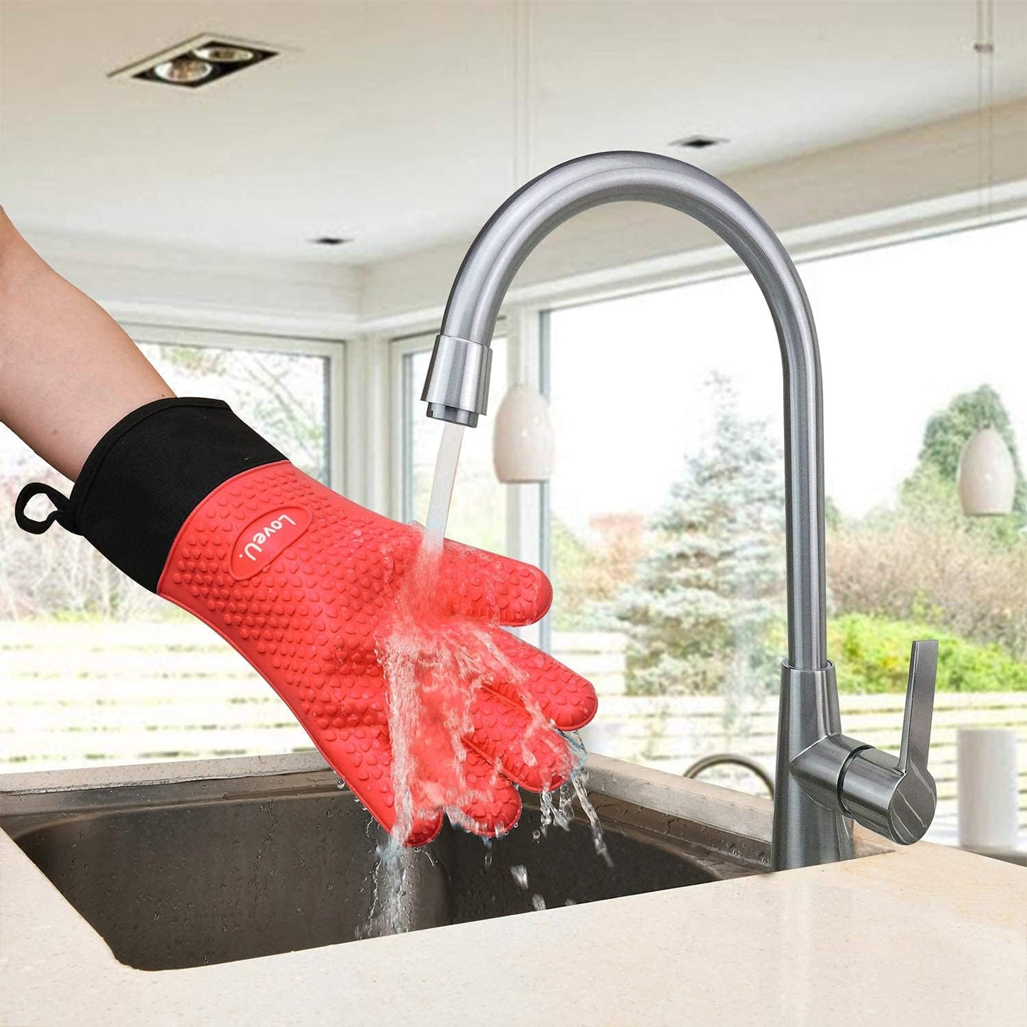 Kitchen Oven Gloves - Dual-Layer Heat Resistant Grilling Gloves, Silicone Oven Mitts with 5 Fingers, Waterproof Non-Slip Pot Holder for Barbecue, Cooking, Baking (Red, Long)