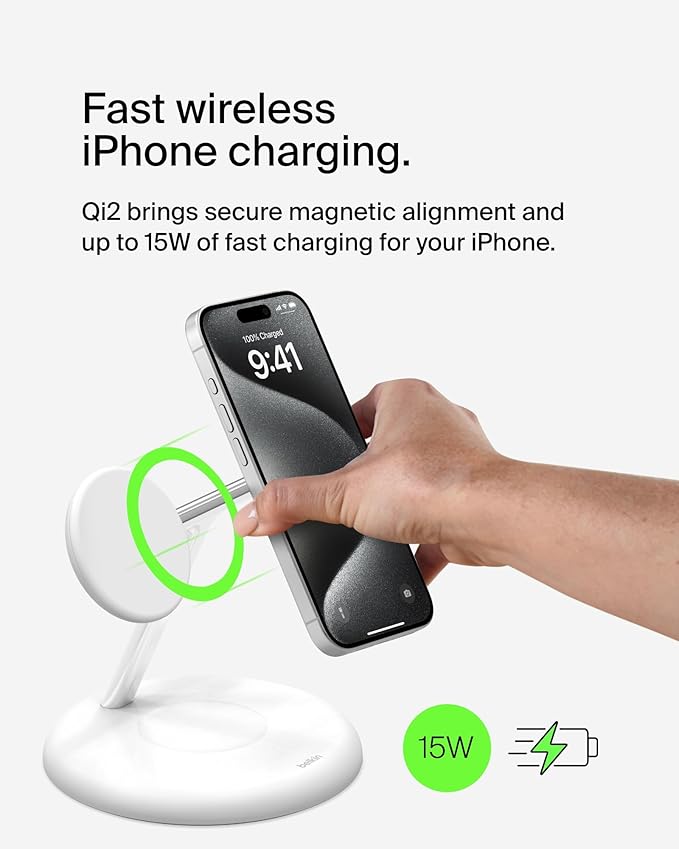 Belkin MagSafe-Compatible 3-in-1 Wireless Charger Stand 15W - Qi2-Certified Wireless Charging Station, Fast Charging of iPhone 16, AirPods, & Apple Watch - 36W Included - White