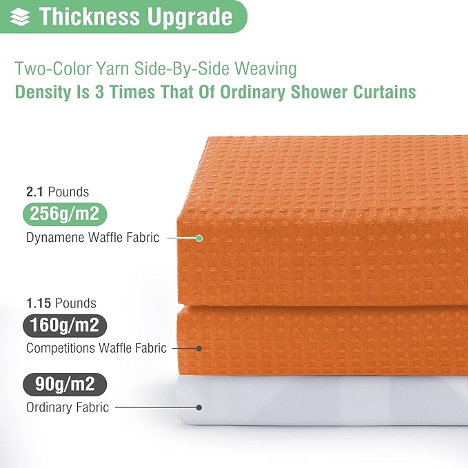 Dynamene Burnt Orange Fabric Shower Curtain - Waffle Weave Textured Heavy Duty Cloth Shower Curtains for Bathroom, 256GSM Hotel Luxury Weighted Bath Curtain Set with 12 Hooks,72x72, Burnt Orange