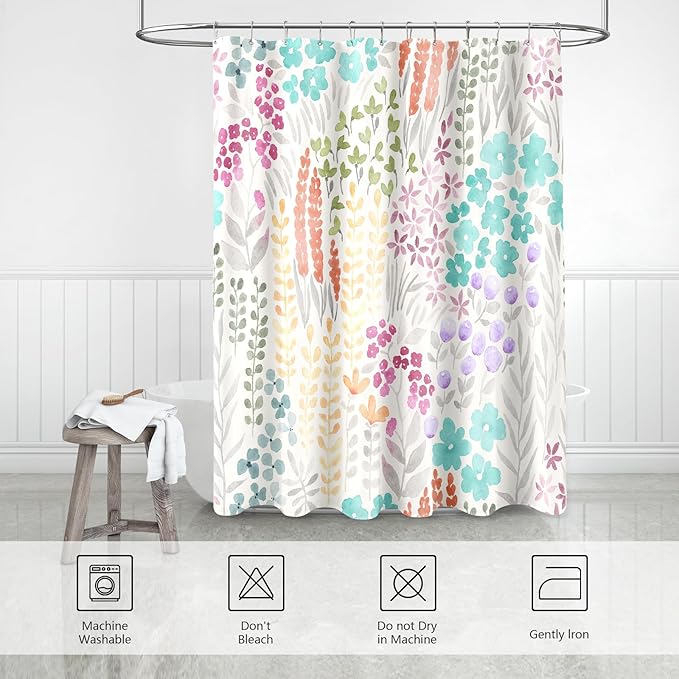 Teal Blue Cute Floral Shower Curtain, Colorful Boho Flower Fabric Shower Curtain, Funky Watercolor Wildflower Shower Curtain Set, Cottagecore Bohemian Bathroom Decor, 72x72