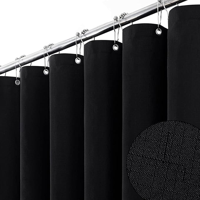 BTTN 60 Inch Stall Fabric Shower Curtain - Linen Textured Weighted Water Repellent Shower Curtain Set with 10 Plastic Hooks, Narrow Spa Luxury Curtains for Bathroom Showers and Bathtubs(60x72, Black)